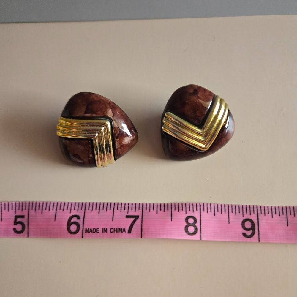 Brown‎ & Gold Geometric Clip-On Earrings | Vintage Style